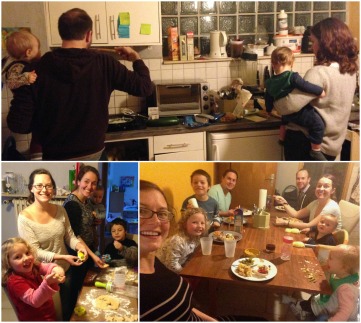 Cooking, baking, and eating together.